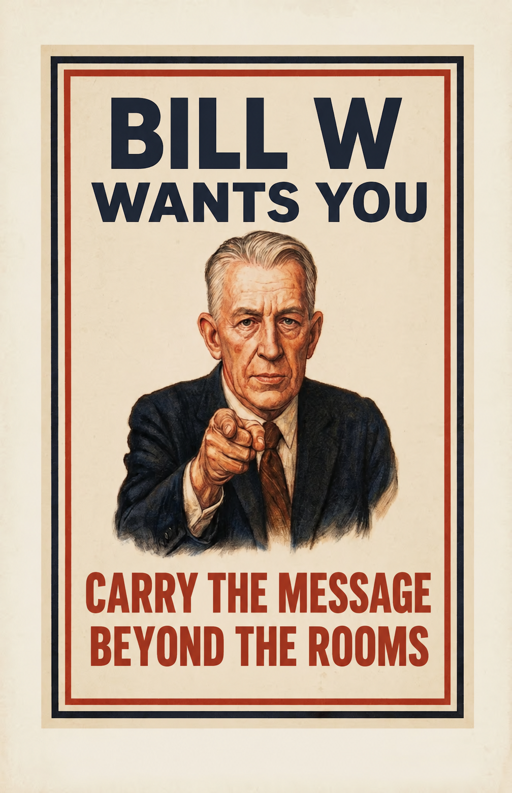 Bill W pointing toward the viewer with the words Bill W Wants You and Carry the Message Beyond the Rooms